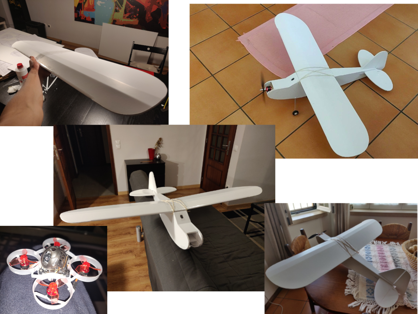 DIY drones, both fixed-wing and a multirotor ||
        I dedicated some of my free time to building two types of aircraft for personal enjoyment: a fixed-wing model
        and a multirotor. The fixed-wing aircraft, known for its straightforward and stable flight pattern, was a
        project that allowed me to explore traditional aviation design and aerodynamics. The multirotor, on the other
        hand, offered a different experience with its agility and flexibility in flight.
        Both projects required careful assembly of parts, balancing, and setting up control systems. This hobby was not
        just for fun but also an application of my skills in areas like aerodynamics and remote control technology.
        Flying these aircrafts provided a hands-on understanding of flight mechanics and the satisfaction of piloting
        something I built myself.